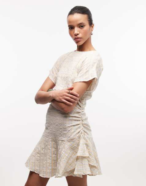 ASOS DESIGN – Żółta sukienka mini w kratę z krótkimi rękawami i marszczeniem w talii - view 1