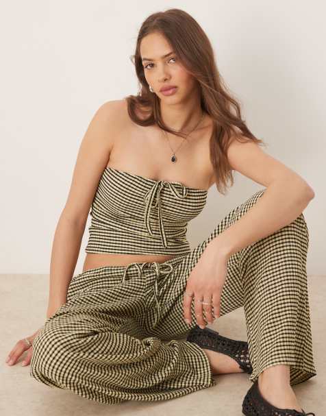 ASOS DESIGN – Żółto-czarny krótki top w kratkę vichy z dekoltem bandeau z wiązaniem, część zestawu - view 1