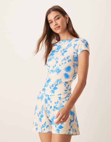 ASOS DESIGN ruched side asymmetric boat neck t-shirt co-ord in yellow and blue floral print