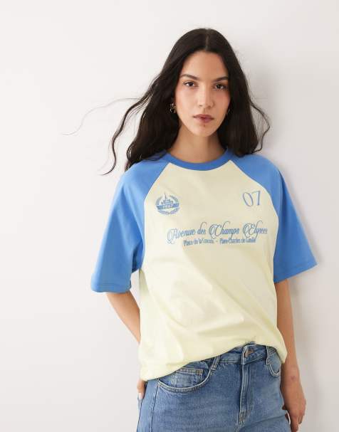 ASOS DESIGN – Żółto-niebieski T-shirt oversize z raglanowymi rękawami i haftowaną grafiką z napisem „Paris” - view 1