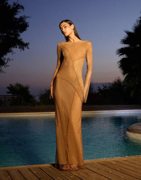 ASOS DESIGN fishnet hotfix long sleeve maxi dress with spliced embellished pattern in bronze