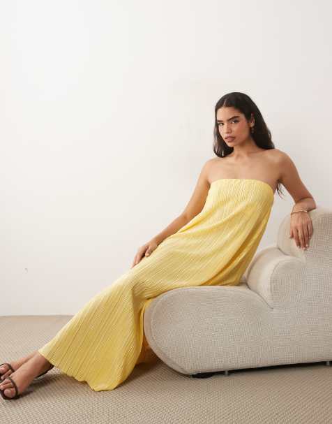 ASOS DESIGN – Żółtokremowa plisowana sukienka trapezowa midi z dekoltem bandeau - view 1