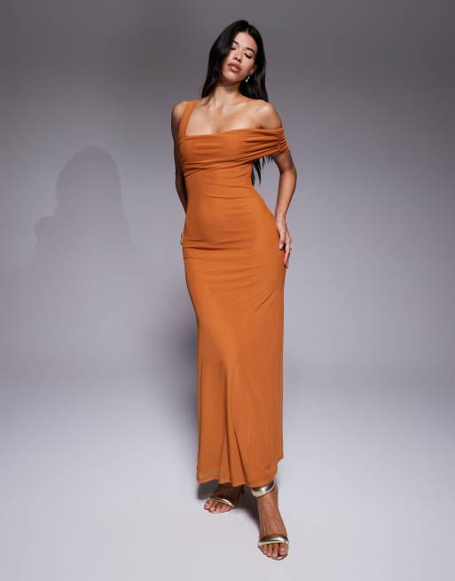 ASOS DESIGN – Żółtopomarańczowa siateczkowa sukienka midi z odkrytym ramieniem