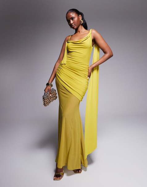 ASOS DESIGN asymmetric slinky ruched maxi dress with sheer skirt in chartreuse