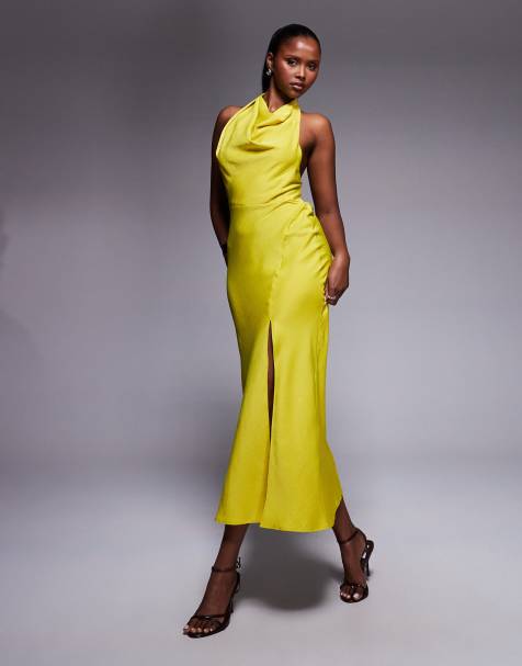 ASOS DESIGN satin high neck midi dress with cross strap detail in chartreuse