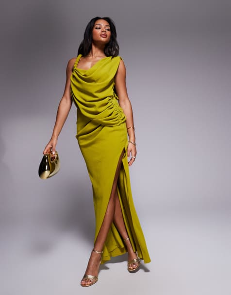 ASOS DESIGN drape maxi dress with ball trim strap detail in chartreuse