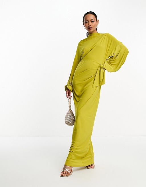 ASOS DESIGN – Żółtozielona sukienka maxi z obszernymi rękawami i kopertową spódnicą