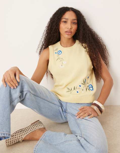 ASOS DESIGN – Żółty dzianinowy top bez rękawów z haftowanym wzorem - view 1
