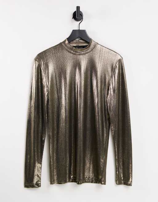 ASOS DESIGN – Złoty metaliczny T-shirt z długim rękawem i golfem