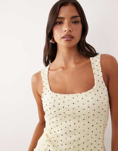 ASOS DESIGN – Żółty miękki top bez rękawów z dekoltem karo z koronki dobby w groszki - view 1