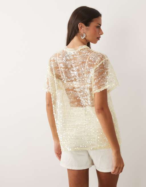 ASOS DESIGN – Żółty prześwitujący T-shirt oversize zdobiony cekinami, 2 z 4