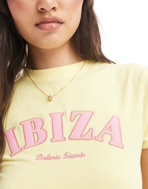 ASOS DESIGN – Żółty przylegający T-shirt z haftem „Ibiza”, 3 z 4