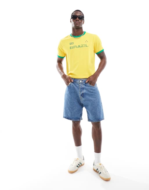 ASOS DESIGN – Żółty pudełkowy T-shirt z lamówką i napisem „Brazil” na piersi