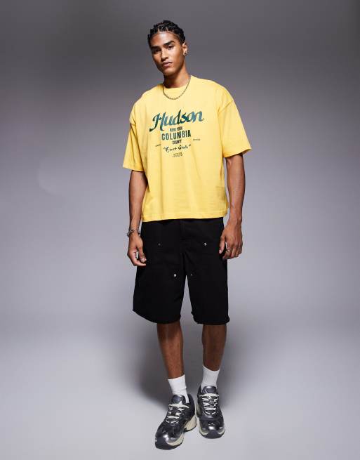 ASOS DESIGN – Żółty T-shirt oversize o pudełkowym kroju z grafiką z motywem miasta, 2 z 4