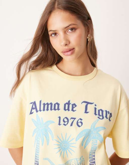 ASOS DESIGN – Żółty T-shirt oversize z grafiką z palmą i tygrysem, 2 z 4