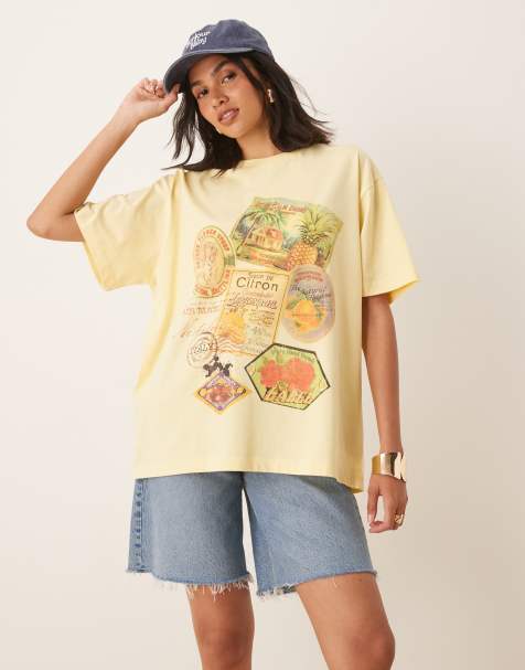 ASOS DESIGN – Żółty T-shirt oversize z grafiką znaczków pocztowych - view 1