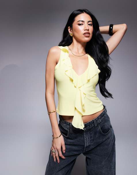 ASOS DESIGN plunge ruffle neckline racer back top in yellow