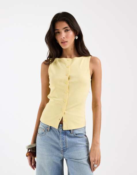 ASOS DESIGN – Żółty zapinany na guziki top z dekoltem w łódkę - view 1