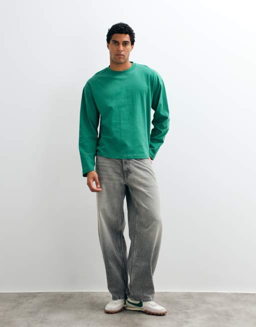 ASOS DESIGN zwaar boxy oversized T-shirt met lange mouwen in groen, 2 van 5