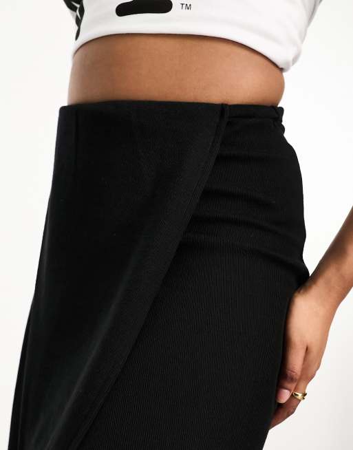 ASOS DESIGN - Zwaar geribbelde midi-rok met split in zwart, 2 van 4