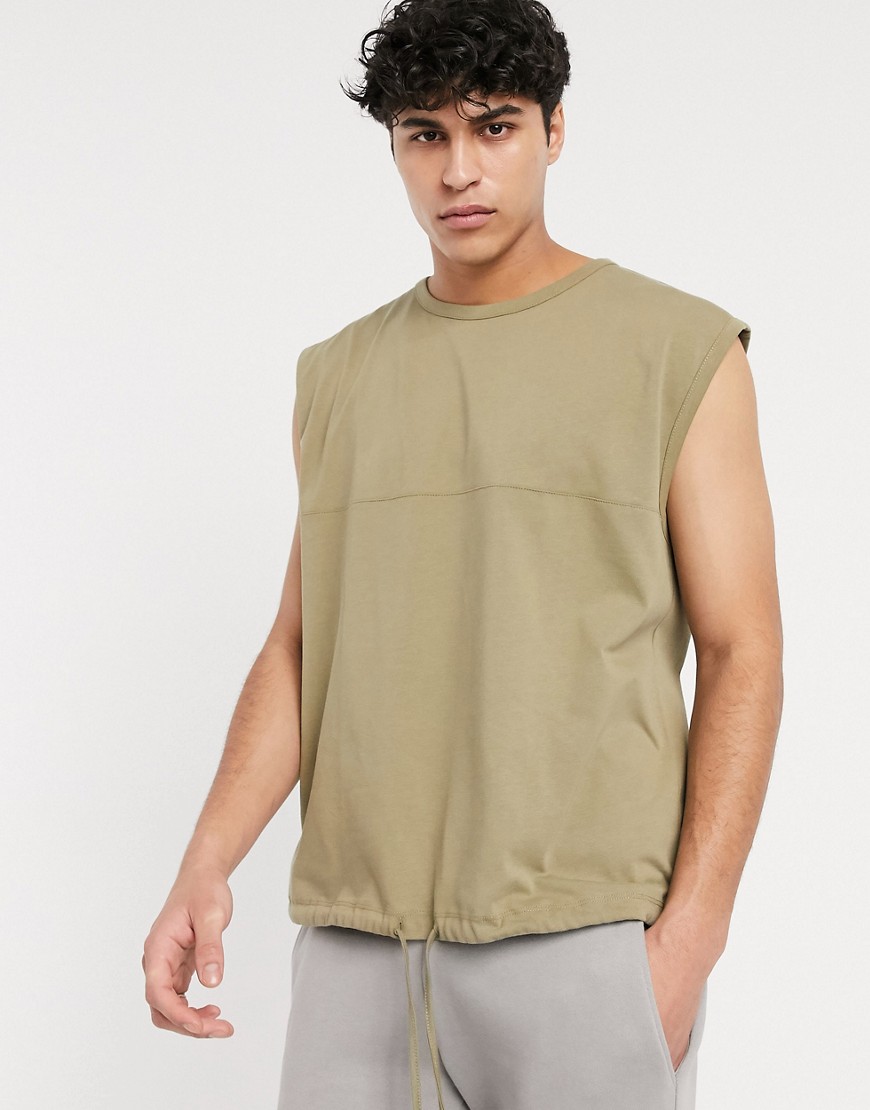 ASOS DESIGN - Zwaar, oversized mouwloos T-shirt met siernaden en gestrikte zoom in kaki wassing-Groen