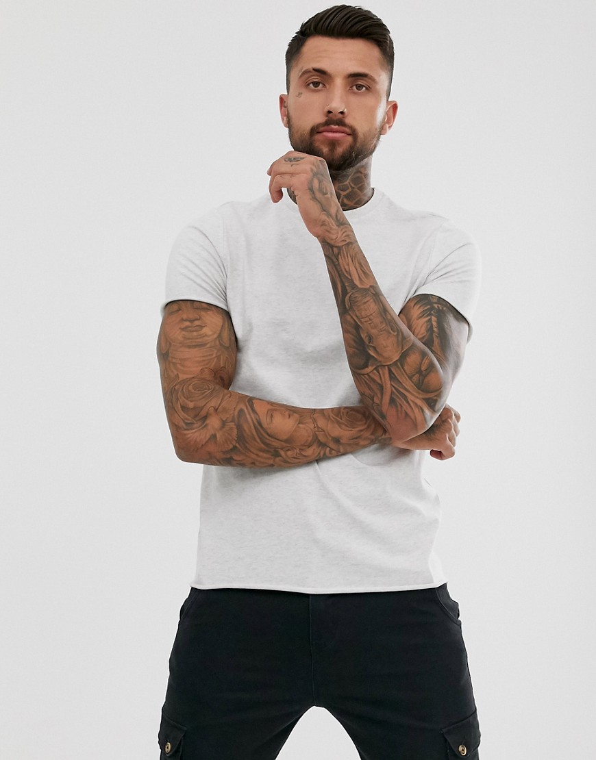 ASOS DESIGN - Zwaargewicht T-shirt met ronde hals en onafgewerkte randen in gemêleerd wit-Grijs
