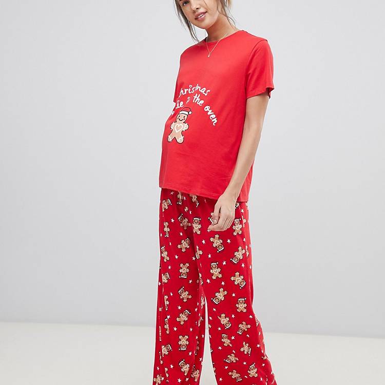 Betuttelen elegant Corporation ASOS DESIGN - Zwangerschap - Kerstmis -Pyjamaset bestaande uit T-shirt met  print van gemberbrood en broek | ASOS