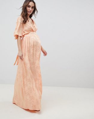 ASOS DESIGN - Zwangerschap - Zachte jacquard maxi-jurk met fladdermouwen-Oranje