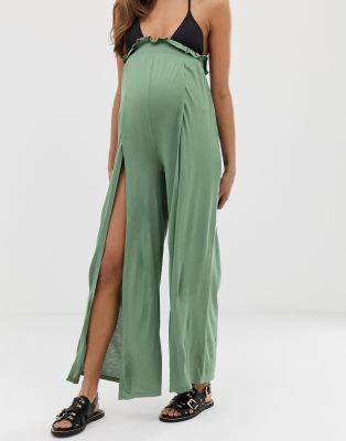 ASOS DESIGN - Zwangerschapsbroek voor op het strand met split en plooirand  in kaki | ASOS