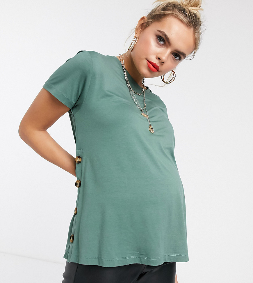 ASOS DESIGN - Zwangerschapskleding - Borstvoedingsshirt met knopen op de zijkant in kaki-Groen