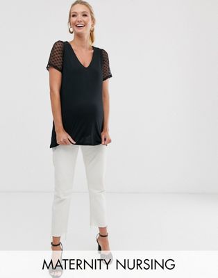 ASOS DESIGN - Zwangerschapskleding - Borstvoedingsshirt met V-hals en mouwen van dobby mesh-Zwart