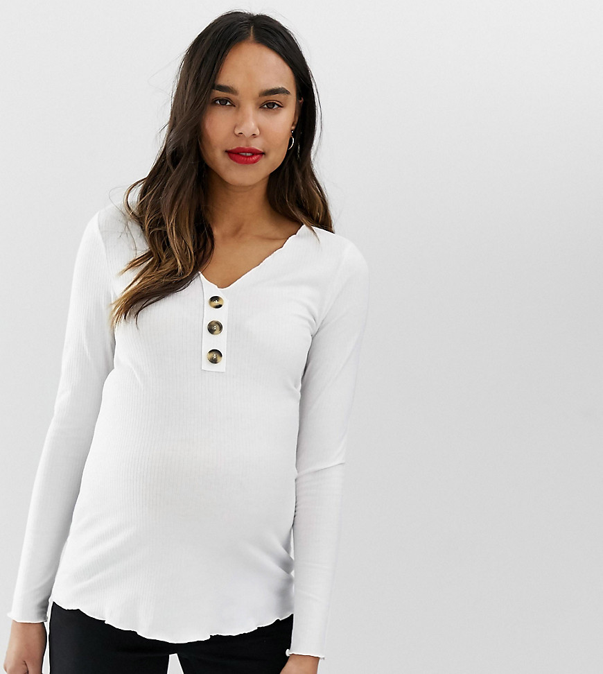 ASOS Design - Zwangerschapskleding - Geribbelde top met V-hals met knopendetail-Wit