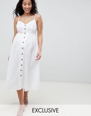ASOS DESIGN - Zwangerschapskleding - Halflange linnen zonnejurk met knopen aan de voorkant-Wit