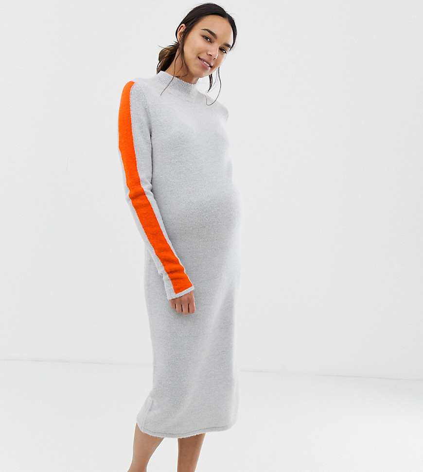 ASOS DESIGN - Zwangerschapskleding - Hoogsluitende midi-jurk met gekleurd randje-Grijs