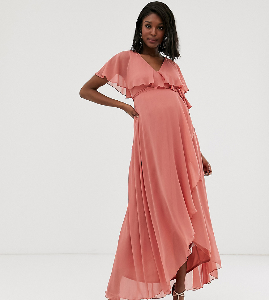 ASOS DESIGN - Zwangerschapskleding - Lange jurk met cape en lange achterkant-Roze