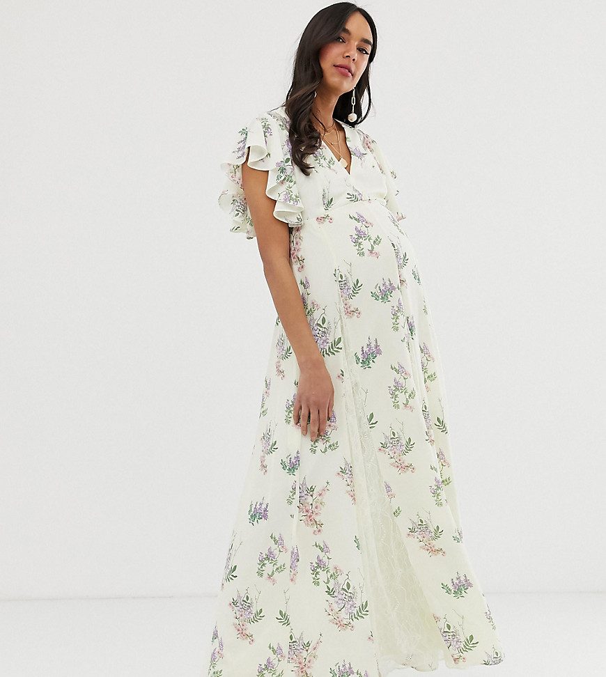 ASOS DESIGN - Zwangerschapskleding - Lange jurk met godet-kanten inzetstukken en bloemenprint-Multi
