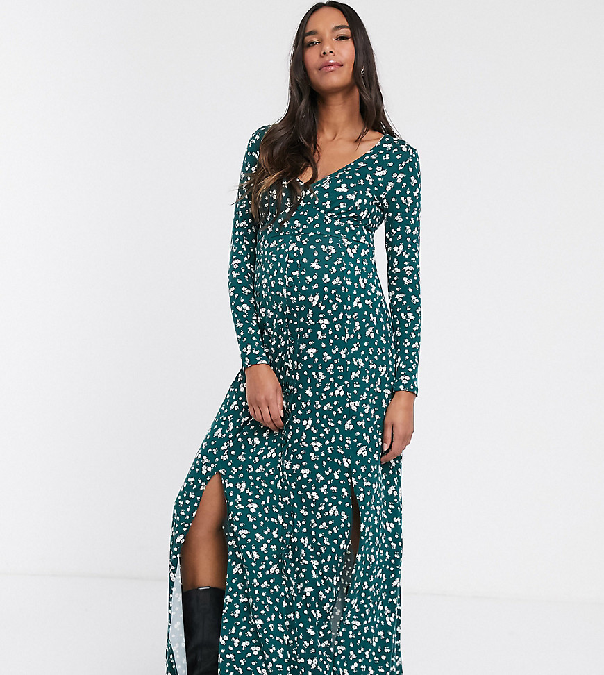 ASOS DESIGN - Zwangerschapskleding - Lange jurk met lange mouwen, knopen, splits en fijne print-Multi