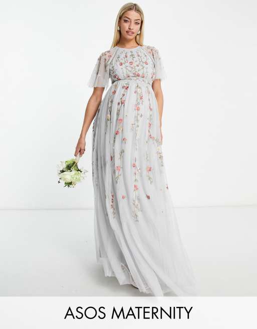 ASOS DESIGN Zwangerschapskleding Maxi jurk met bloemenborduursels en versiering in zachtblauw