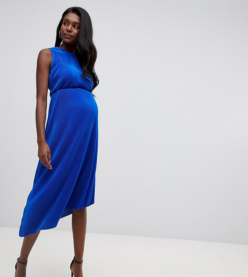 ASOS DESIGN - Zwangerschapskleding - Midi-jurk met blote schouder en overslag op de achterkant-Blauw