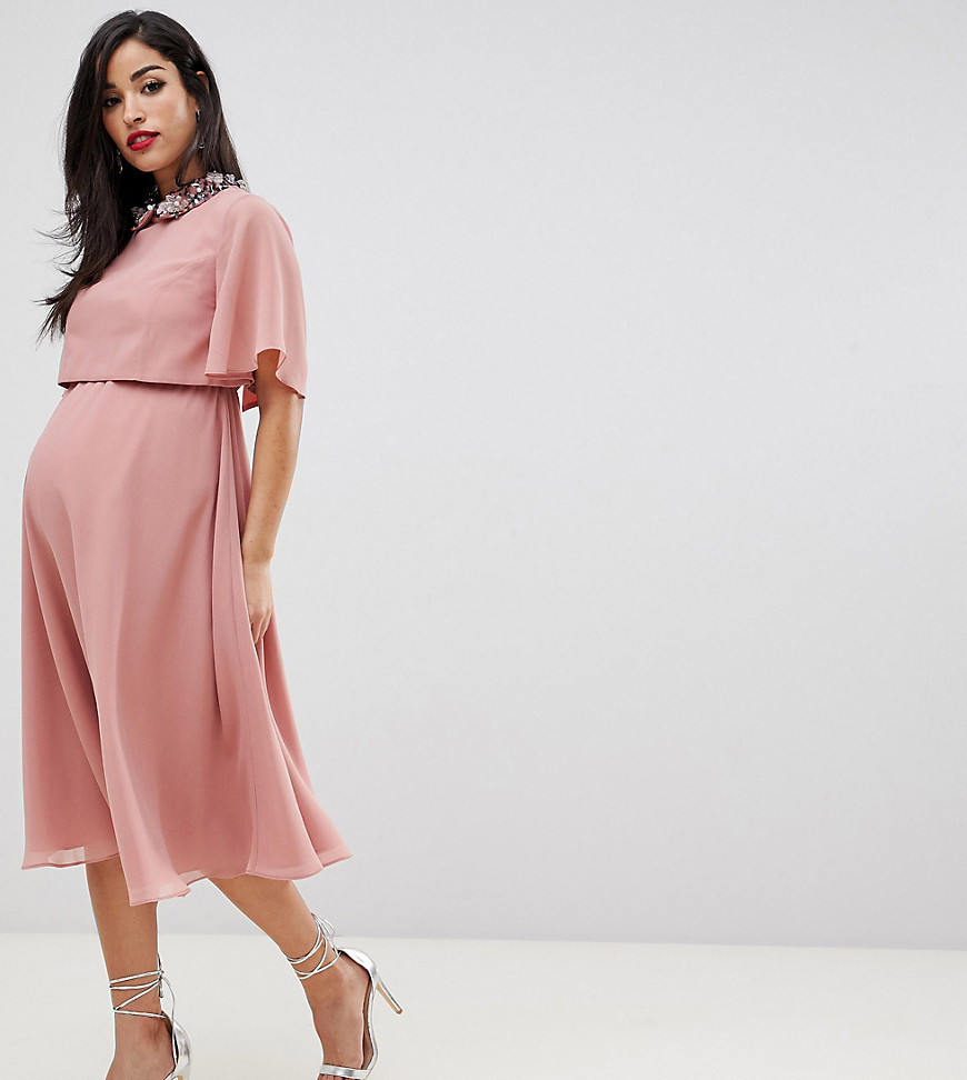 ASOS Design - Zwangerschapskleding - Midi-jurk met crop top en 3D versierde kraag-Roze