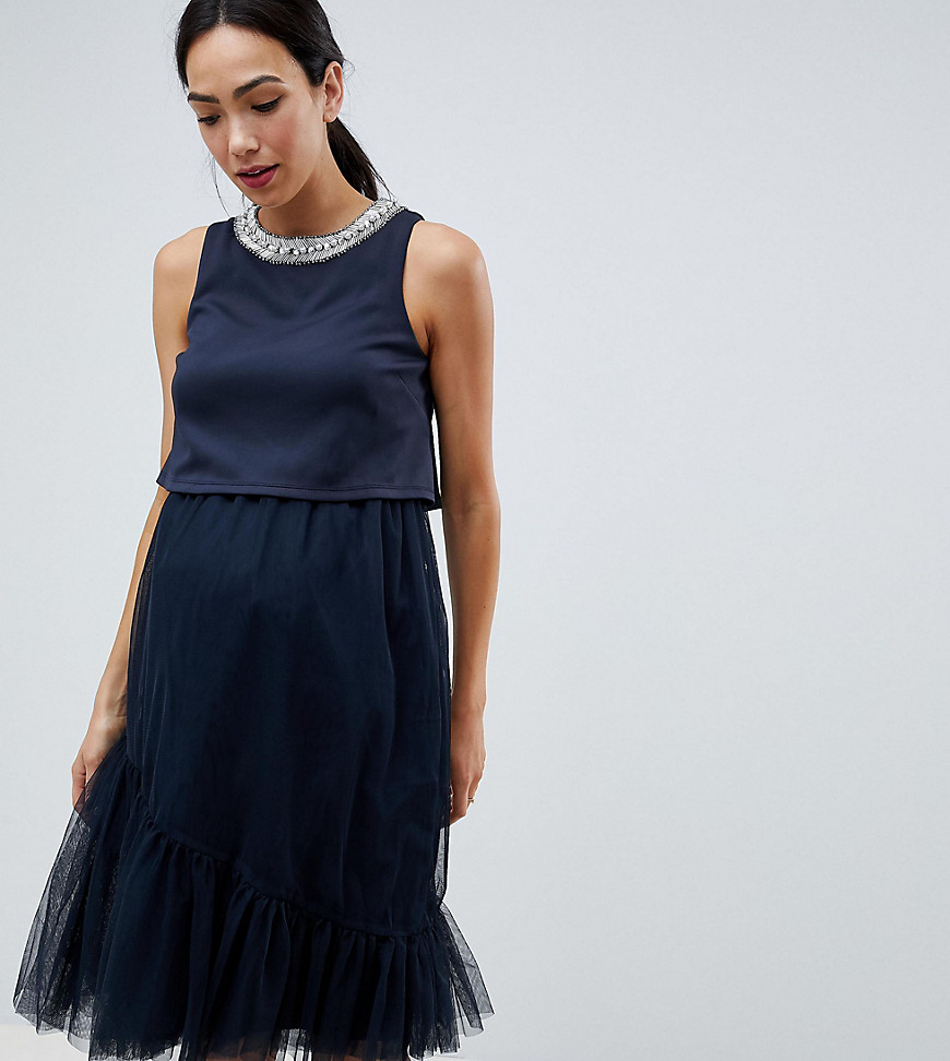 ASOS DESIGN - Zwangerschapskleding - Midi-jurk uit tulle met dubbele laag voor borstvoeding-Marineblauw