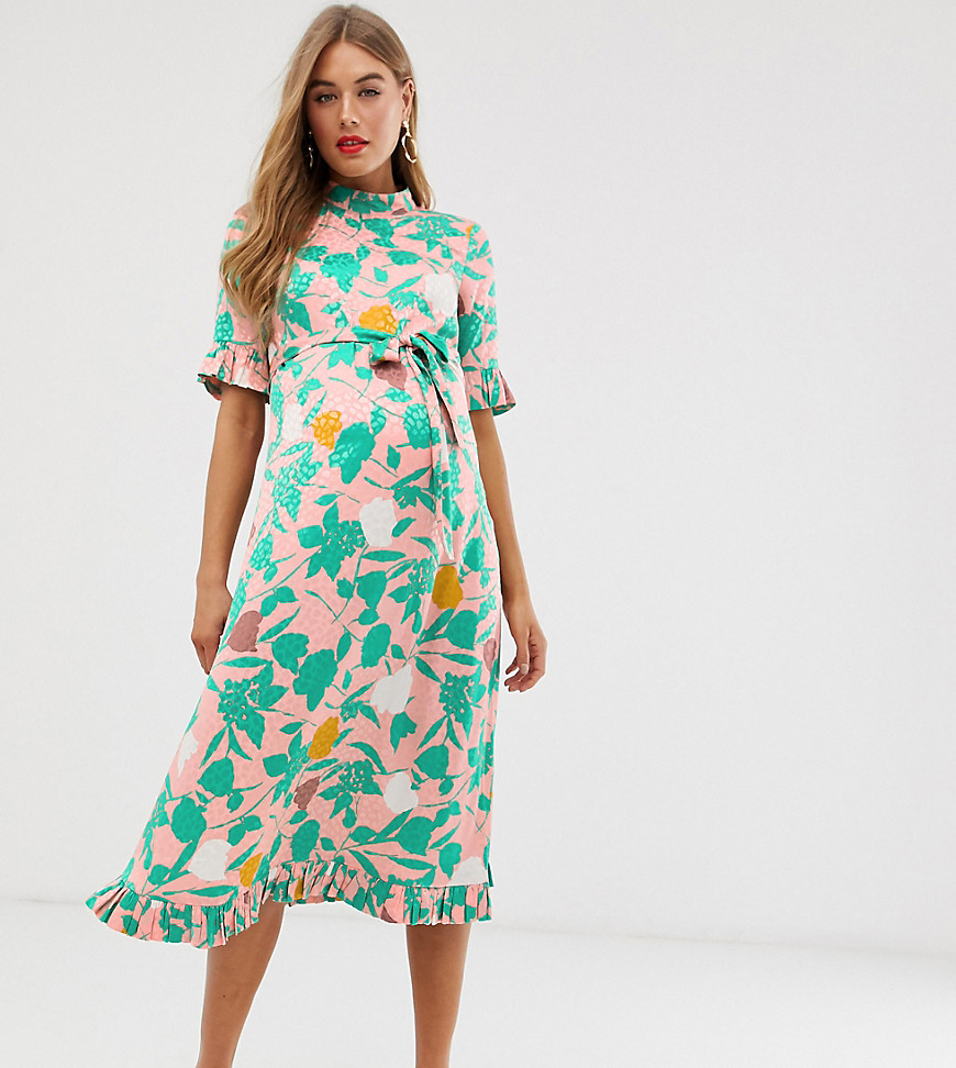 ASOS DESIGN - Zwangerschapskleding - Midi-jurk van jacquard met bloemenprint en riem-Multi