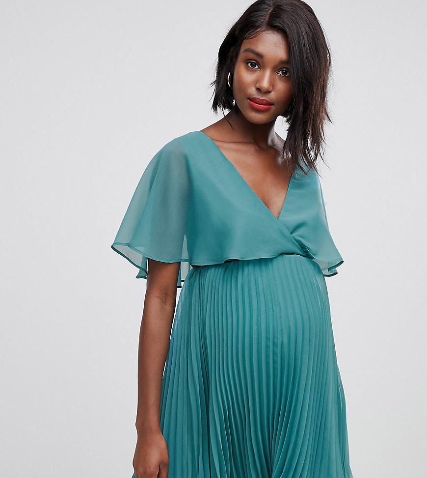 ASOS DESIGN - Zwangerschapskleding - Mini-jurk met fladder mouwen en geplooide rok-Groen