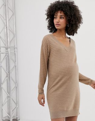 ASOS DESIGN - Zwangerschapskleding - Mini-trui-jurk met diepe V-hals van biologisch garen-Kiezelkleurig
