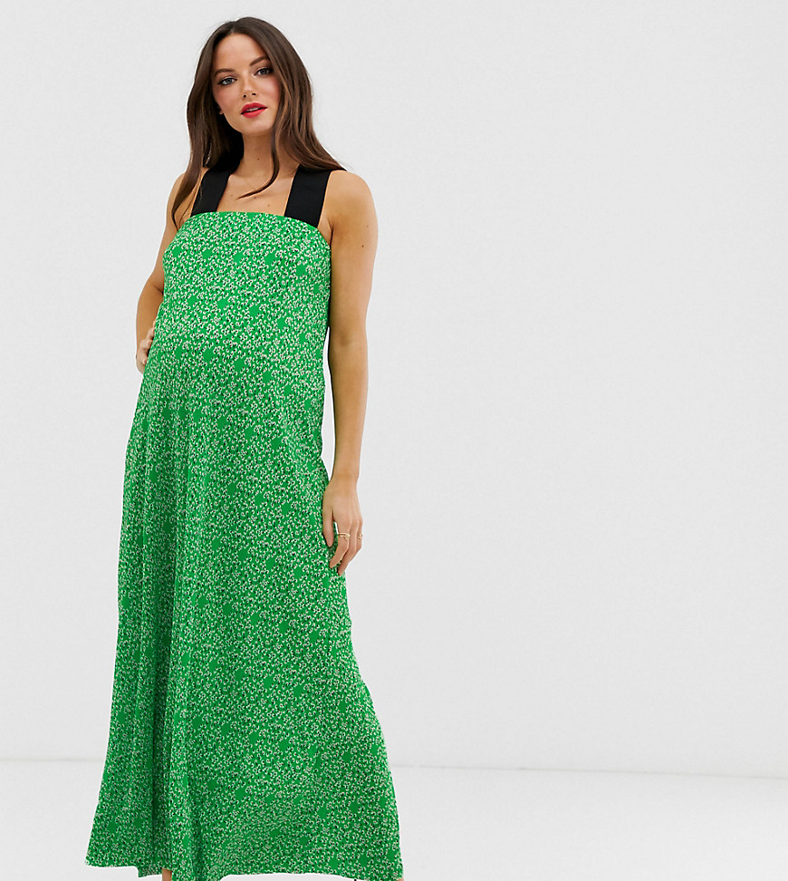 ASOS DESIGN - Zwangerschapskleding - Plissé midi-jurk met fijne bloemenprint-Groen