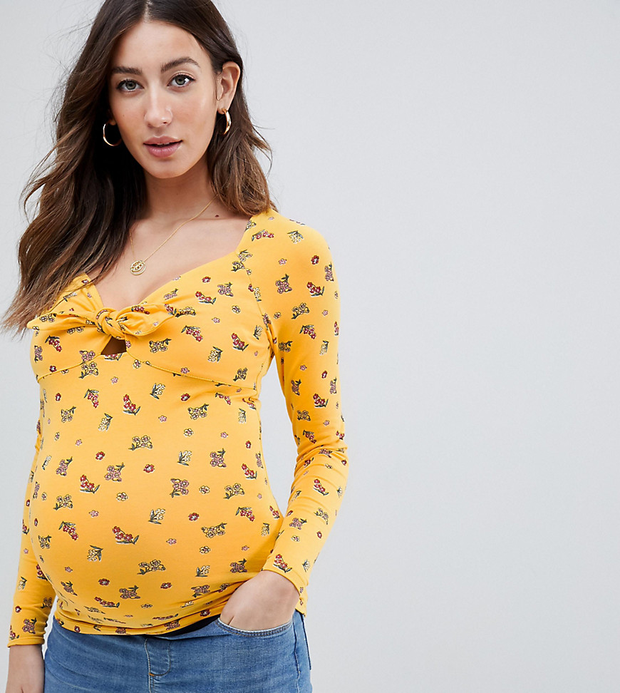 Asos Maternity - Asos design - zwangerschapskleding - top met lange mouwen, strik aan voorkant en fijne print-multi