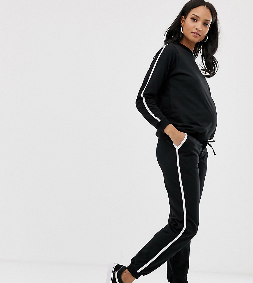 ASOS DESIGN - Zwangerschapskleding - Trainingspak met sweater en onder de buik vallende joggingbroek met striksluiting en contrasterende bies-Zwart