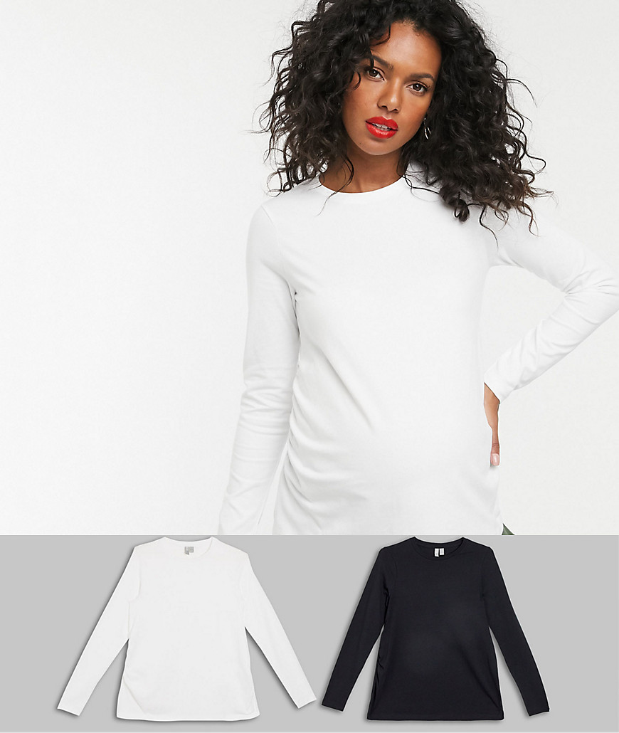 ASOS DESIGN - Zwangerschapskleding - Ultimate - Set van 2 T-shirts van organisch katoen met lange mouwen en ronde hals BESPAAR-Multi