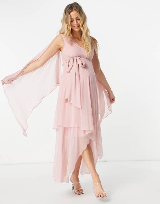 ASOS DESIGN Zwangerschapskleding Zachte gelaagde lange jurk met gestrikte taille in zachtroze