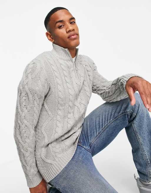 ASOS DESIGN - Zware kabeltrui met korte rits in grijs